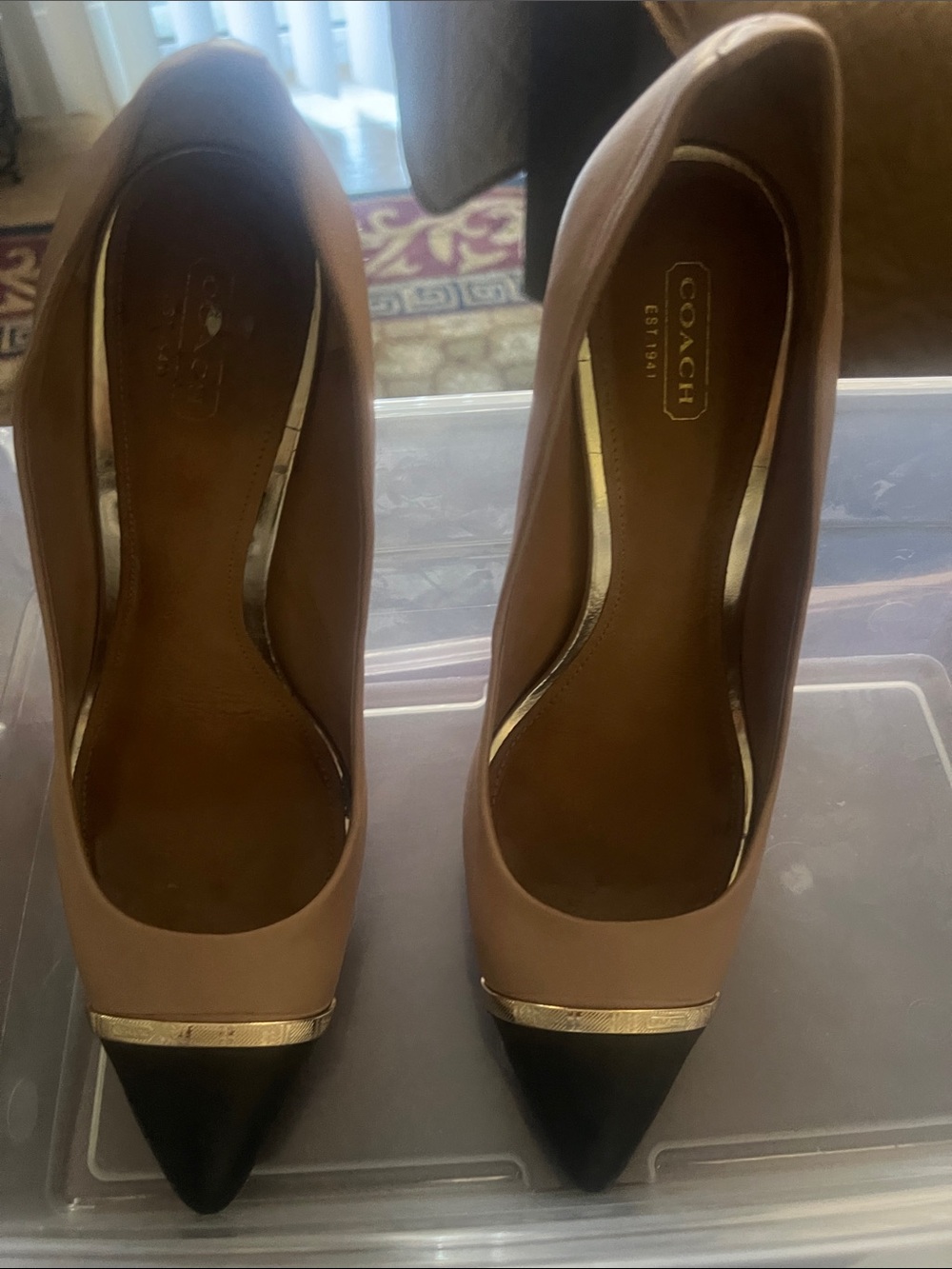 Coach Beige and Black Pointed Toe Heels with Gold Accent